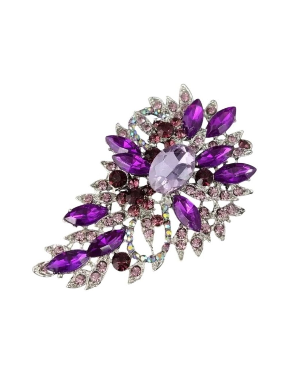 Vintage Purple Crystal Rhinestone Brooch Pin With Silver-Tone Setting